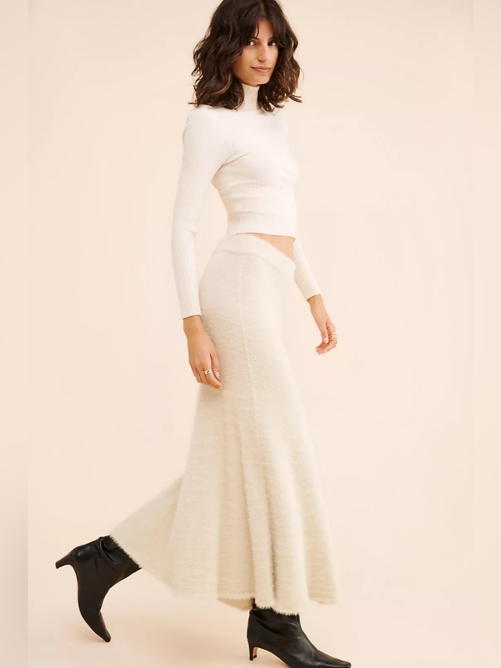 ALOHAS x Free People Maude Tricot Maxi Fuzzy Sweater Knit Skirt Cream Large